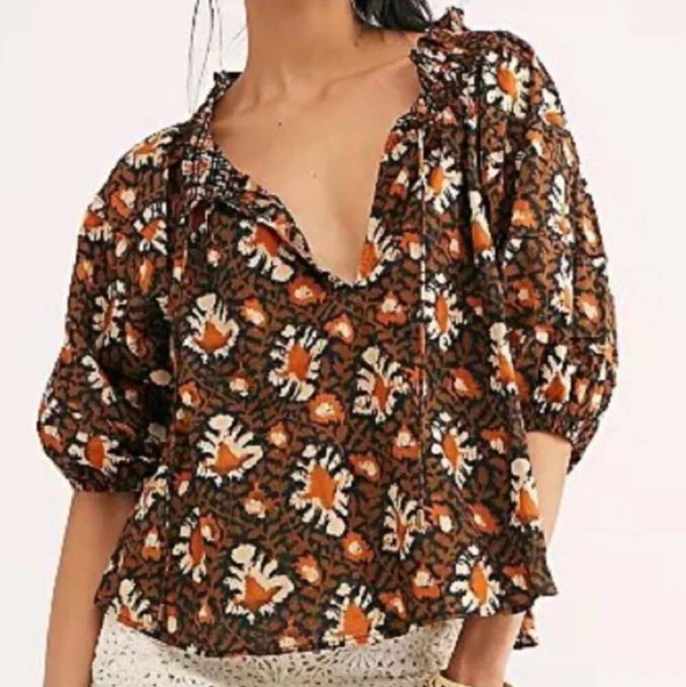 Free People Womens Blouse XL Willow Brown Puff Sleeve Cotton Floral Peasant Boho